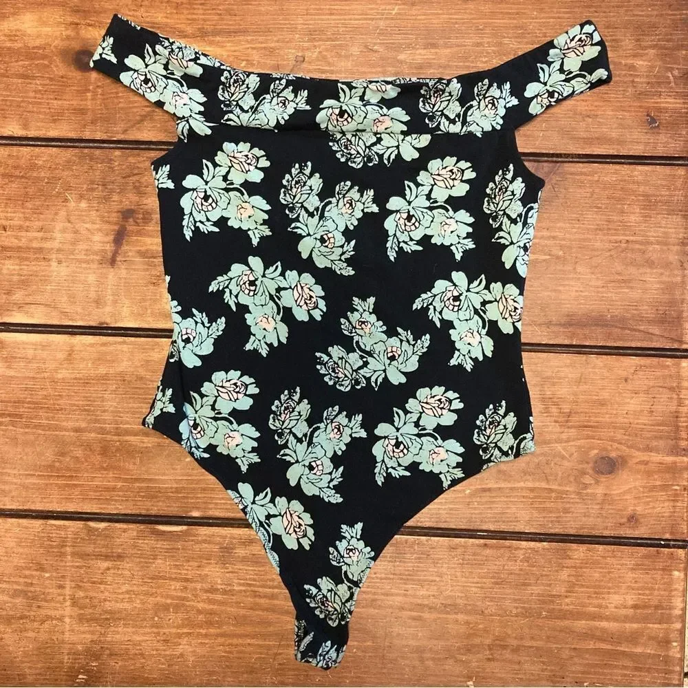 Free People Intimately So Much Black and Green Floral Bodysuit Medium Thong